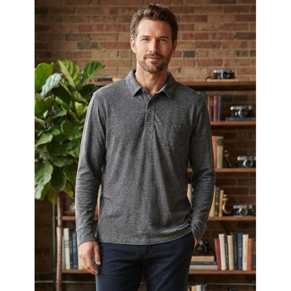 Faherty Henley Long Sleeve Polo Shirt Men's XL Gray Organic Cotton Beach Casual